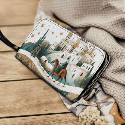 Shineful Leather Clutch Purse With Wristlet Strap Handle Starry Bethlehem Journey