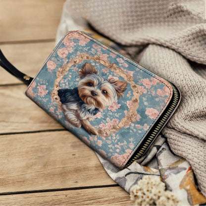 Shineful Leather Clutch Purse With Wristlet Strap Handle Yorkie Blossom Elegance