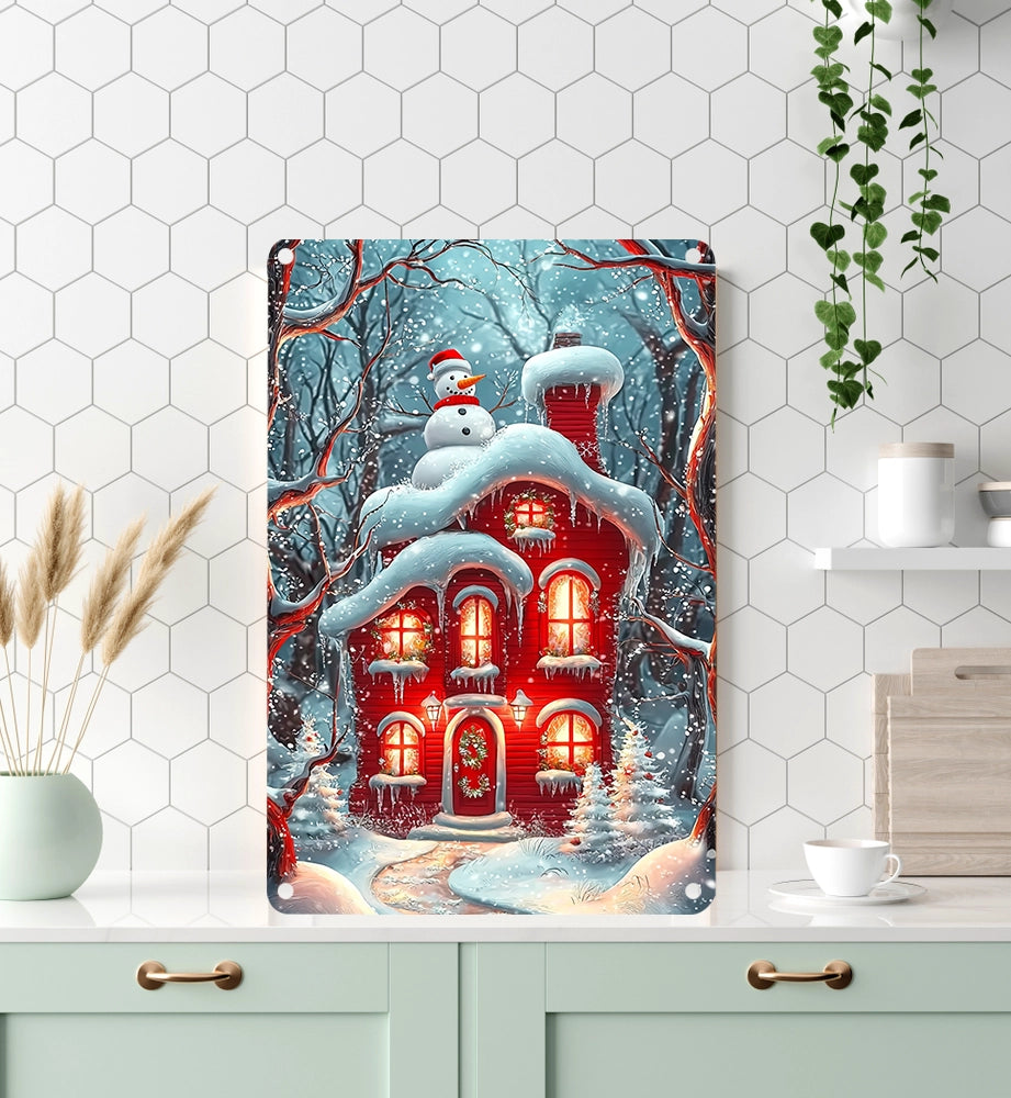 Shineful 2D Metal Sign Christmas Snowy Red House