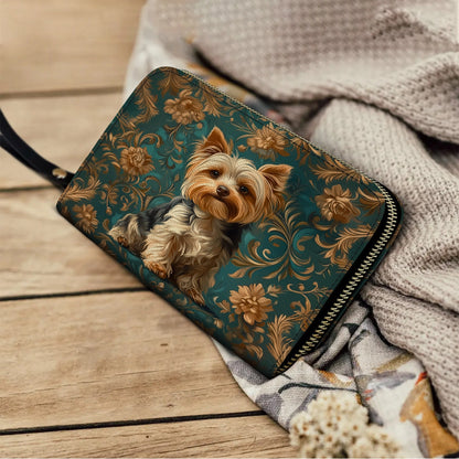 Shineful Leather Clutch Purse With Wristlet Strap Handle Regal Yorkie Elegance