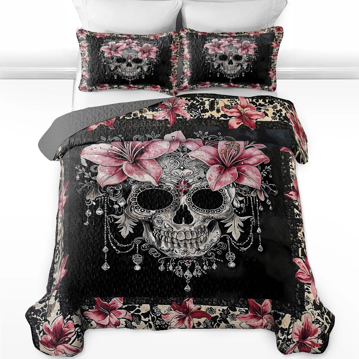 Shineful All Season Quilt 3-Piece Set - Beautiful Sugar Skull With Lilies