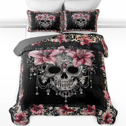 Shineful All Season Quilt 3-Piece Set - Beautiful Sugar Skull With Lilies