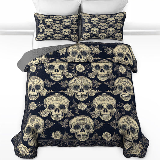 Shineful All Season Quilt 3-Piece Set - Midnight Skull and Roses