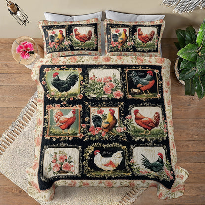 Shineful All Season Quilt 3-Piece Set Floral Graceful Chickens