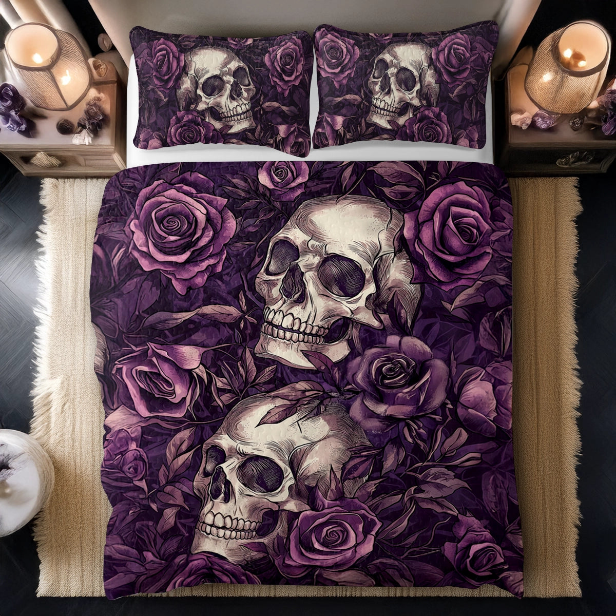 Shineful All Season Quilt 3-Piece Set - Romance Skull Gothic Bloom