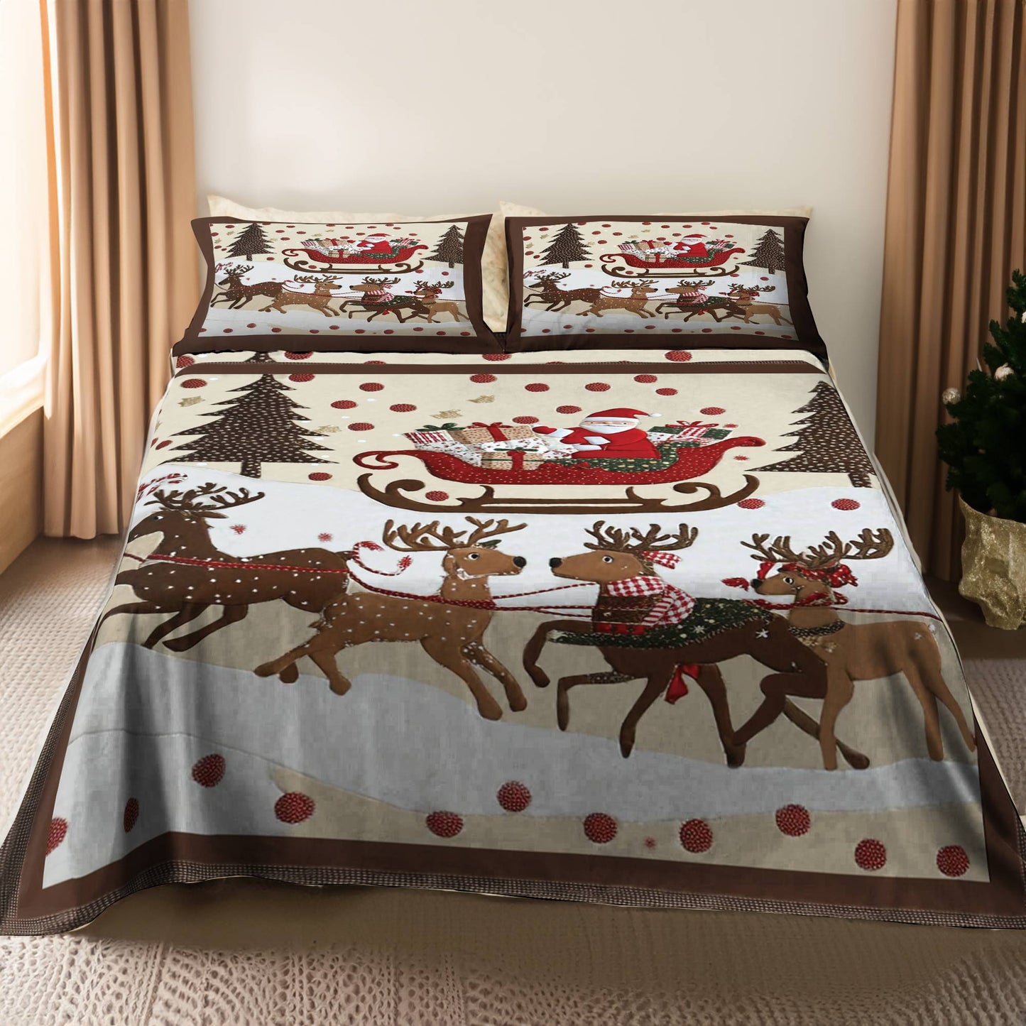 Shineful 4-Piece Bed Sheet Set Cozy Santa Claus With Reindeer Pulling His Sleigh Full Of Gifts