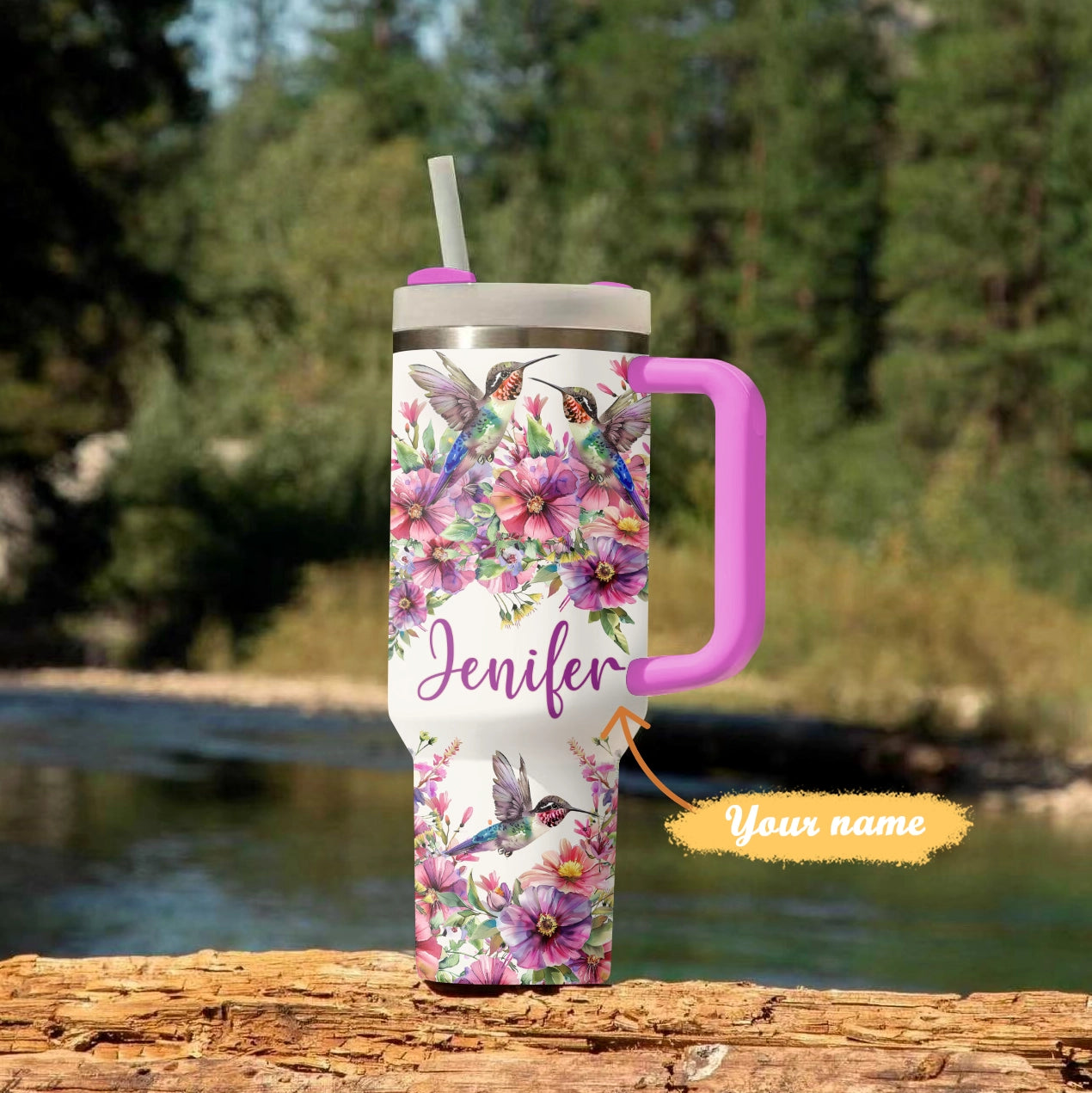 Shineful Tumbler Personalized Floral Hummingbird