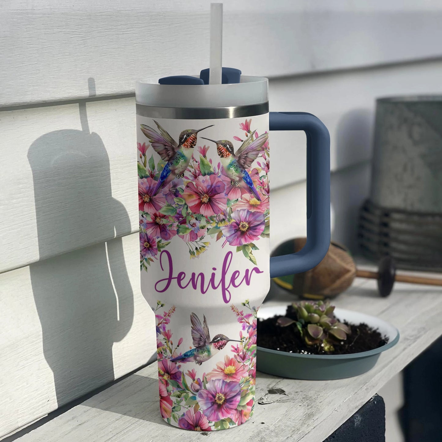 Shineful Tumbler Personalized Floral Hummingbird