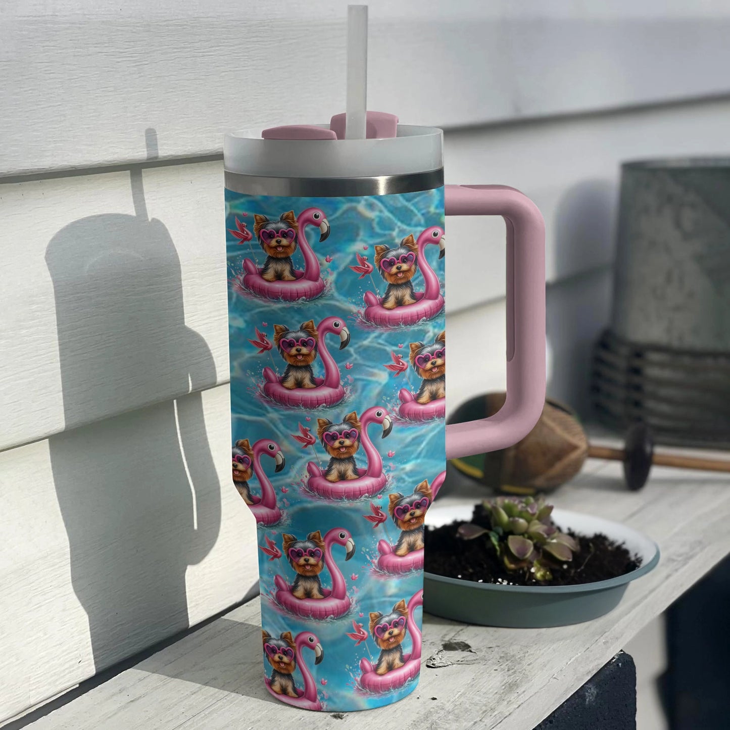 Shineful Tumbler Yorkie Flamingo Fun