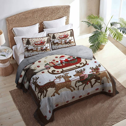 Shineful Flat Print Quilt 3-Piece Set Cozy Santa Claus With Reindeer Pulling His Sleigh Full Of Gifts