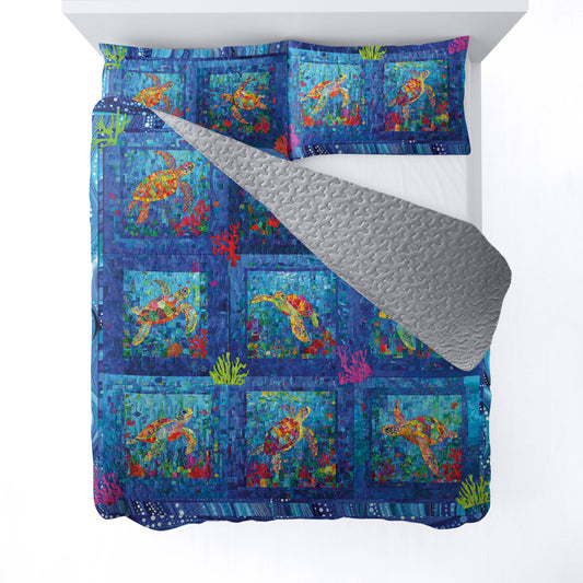 Shineful All Season Quilt 3-Piece Set - Sea Turtle With Lively Ocean Life