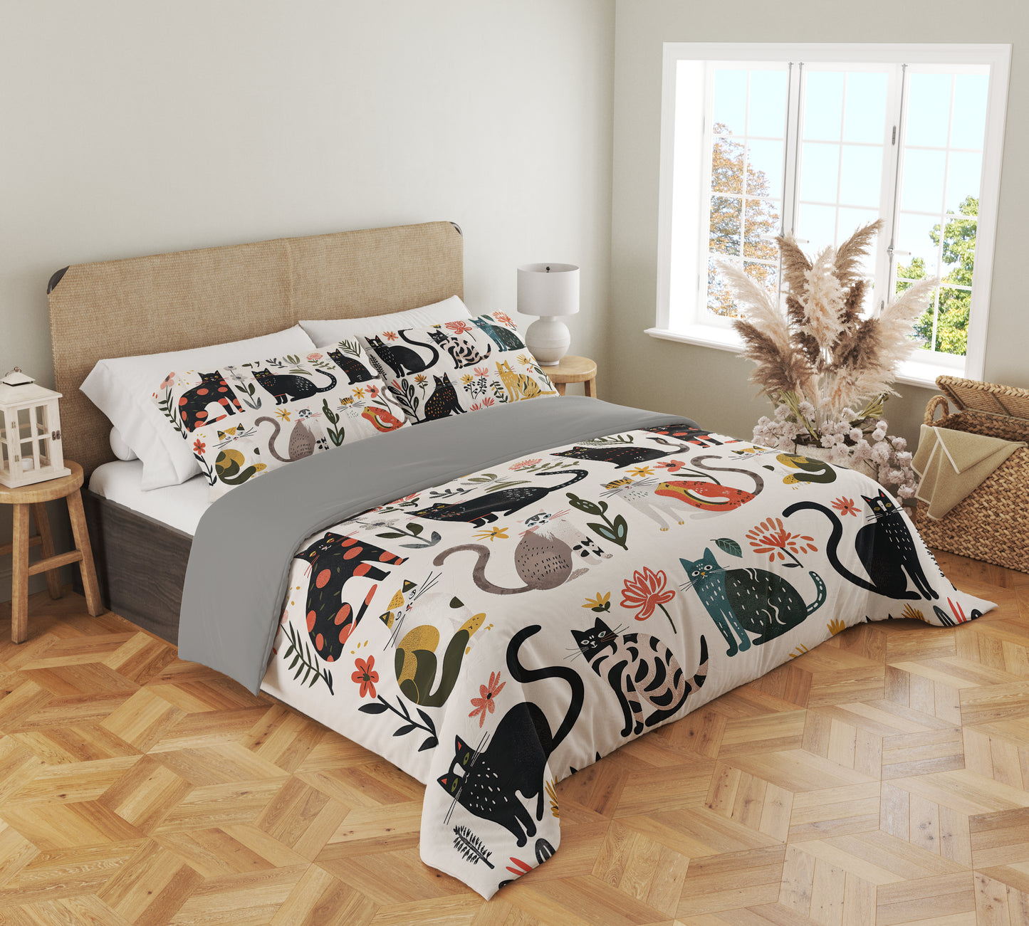 Shineful 3 Pieces Duvet Cover Set Botanical Cat