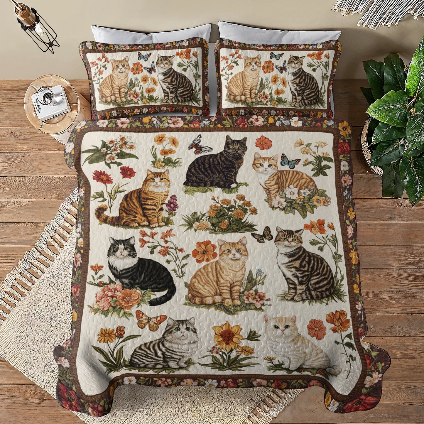 Shineful All Season Quilt 3-Piece Set Cat Floral Heaven