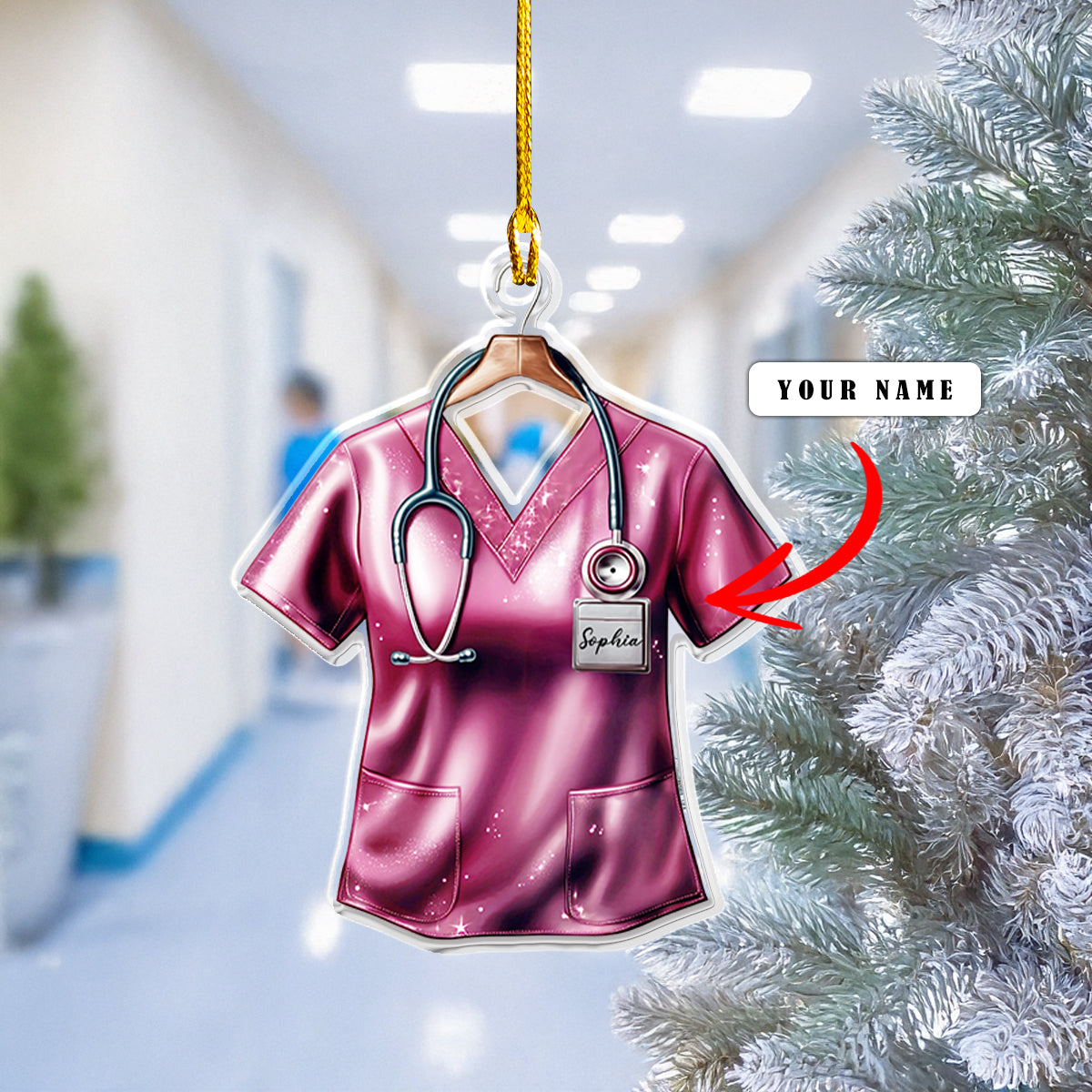 Glänzendes personalisiertes 2D-Acryl-Ornament – ​​Krankenschwester-Scrub-Weihnachten