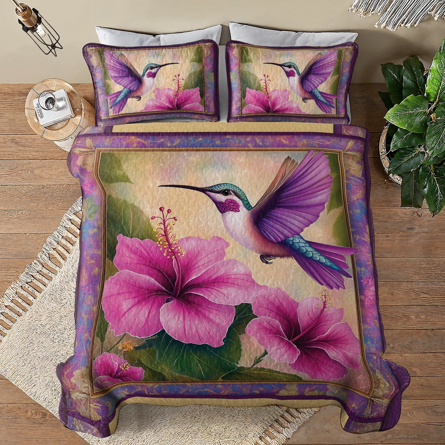 Shineful All Season Quilt 3-Piece Set - Whispers of Nature: Hummingbird & Hibiscus