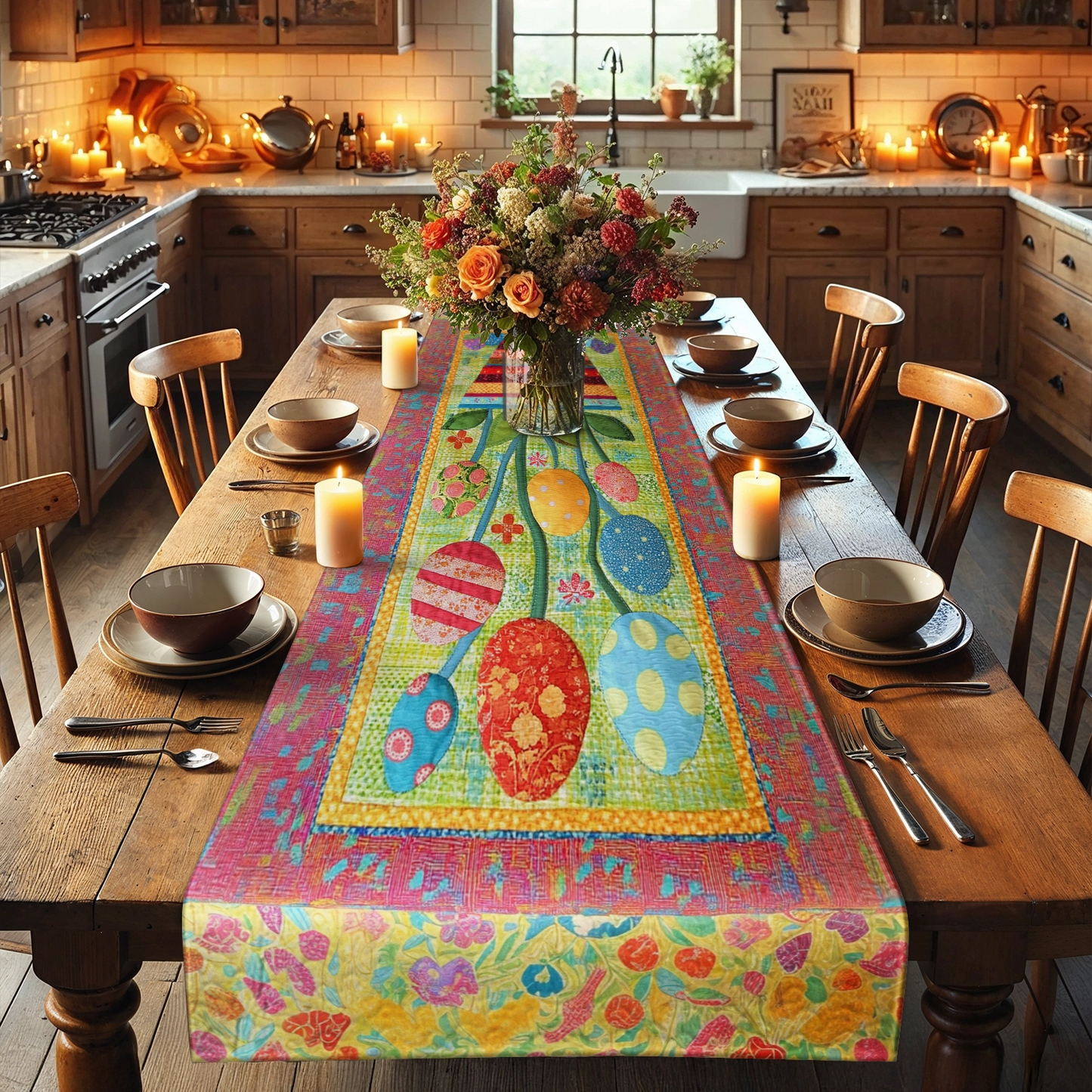 Shineful 2D Flat Print Quilted Table Runner Easter Eggs Blooming