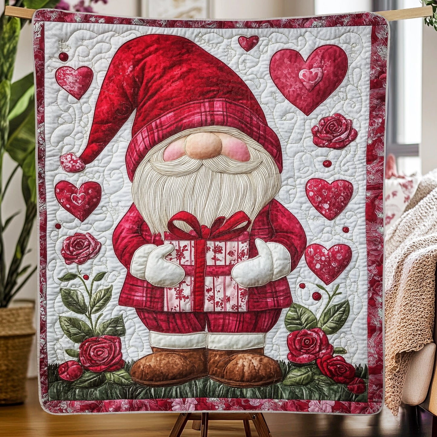 Couverture matelassée en fausse fourrure à imprimé plat brillant - Gnome de la Saint-Valentin avec des cadeaux sincères et des roses