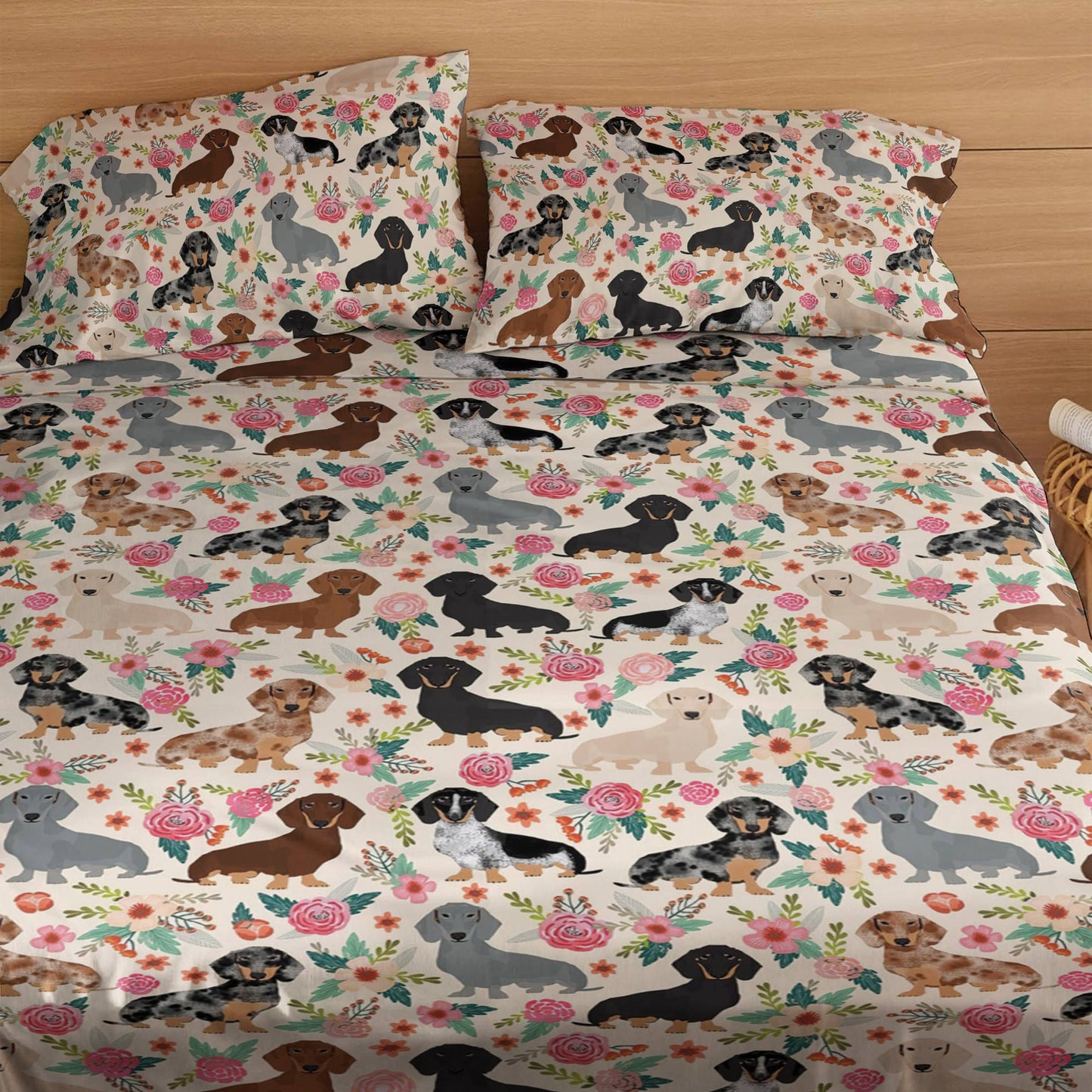 Shineful 4-Piece Bed Sheet Set Floral Dachshunds