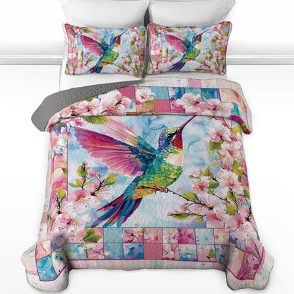 Shineful All Season Quilt 3-Piece Set Floral Colorful Hummingbird