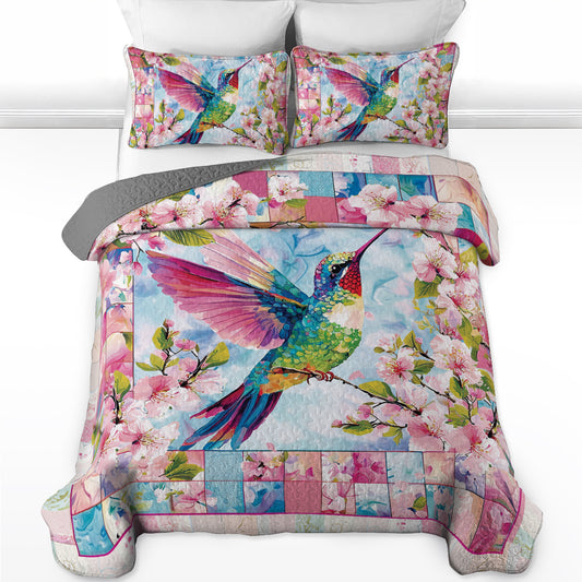 Shineful All Season Quilt 3-Piece Set Floral Colorful Hummingbird