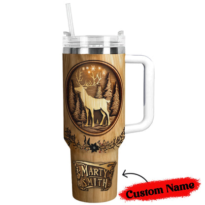 Shineful Glossy Tumbler Personalized Reindeer Woodcut Christmas