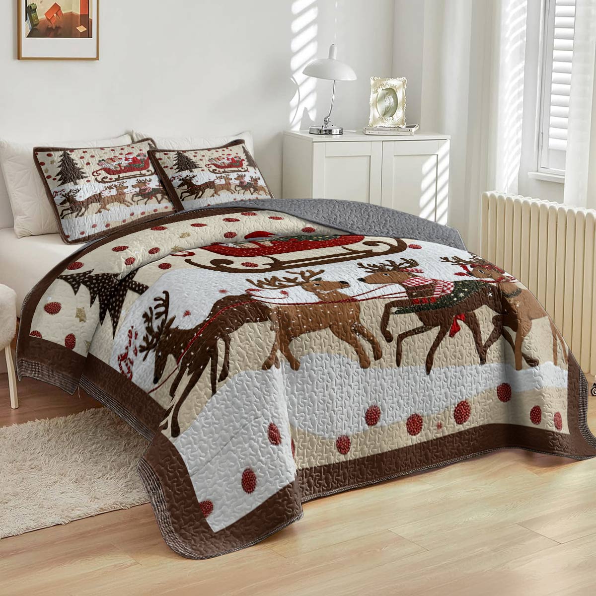 Shineful Flat Print Quilt 3-Piece Set Cozy Santa Claus With Reindeer Pulling His Sleigh Full Of Gifts