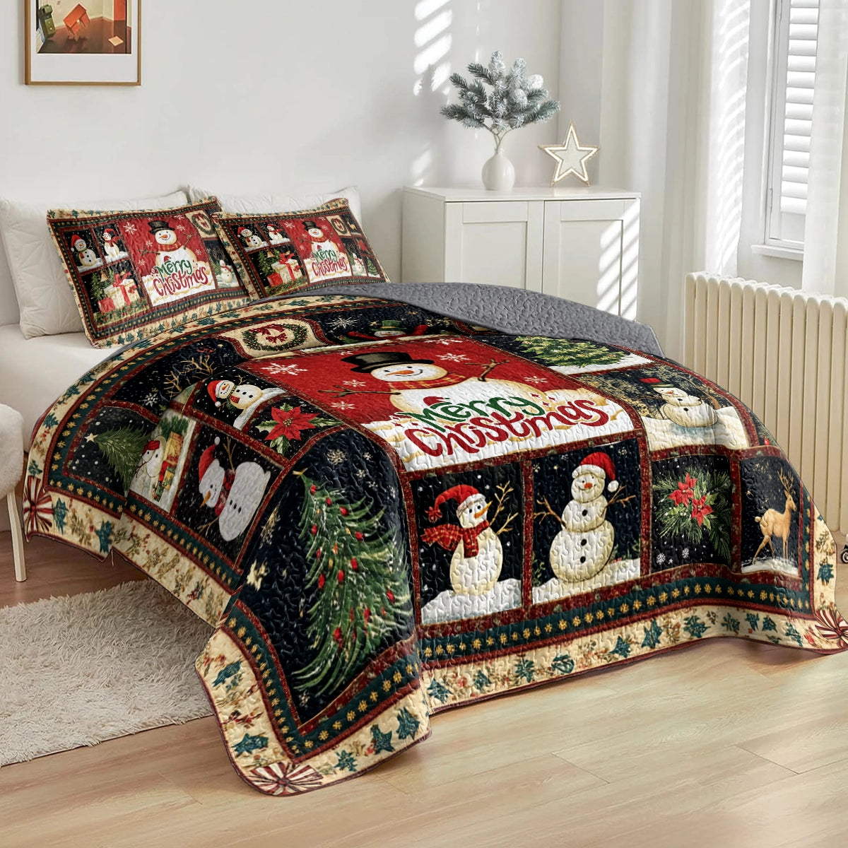 Shineful All Season Quilt 3-Piece Set Merry Snowman Christmas