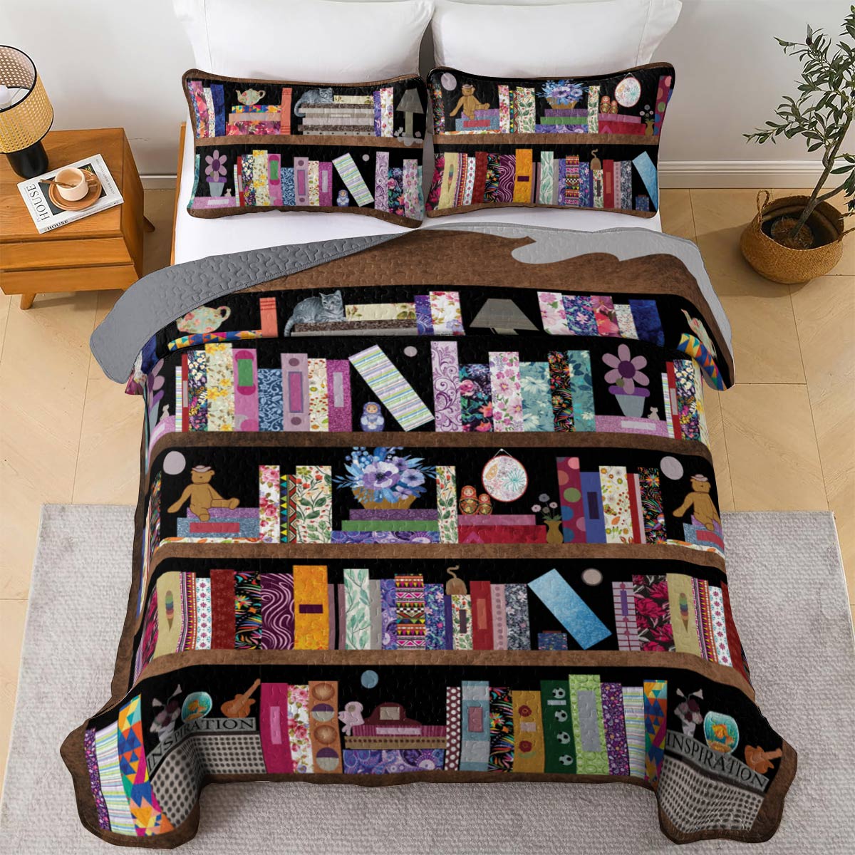 Book Lover Shineful All Season Quilt 3-Piece Set Vintage Bookshelf