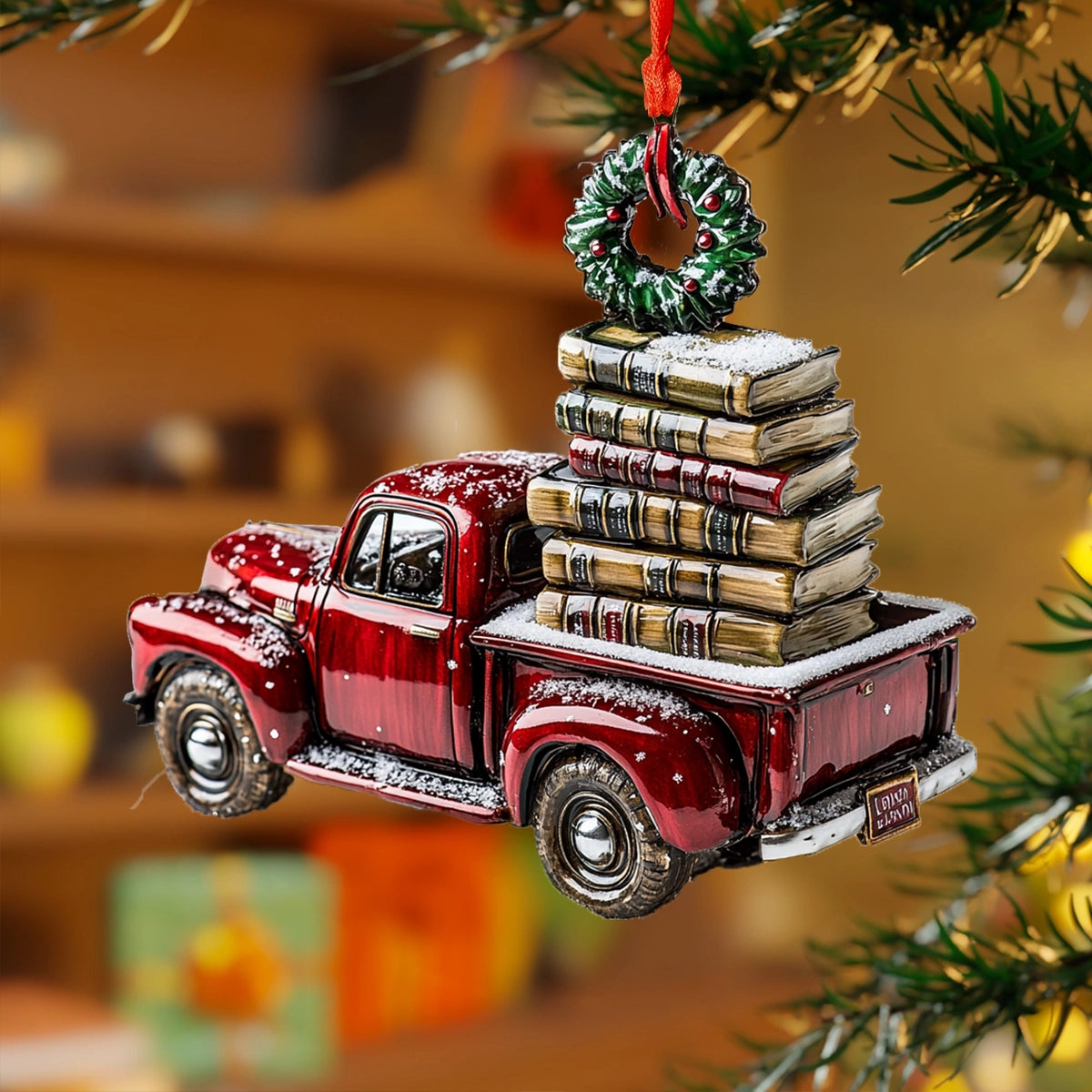 Glänzendes 2D-Acryl-Ornament „Festlicher Bücher-Truck“