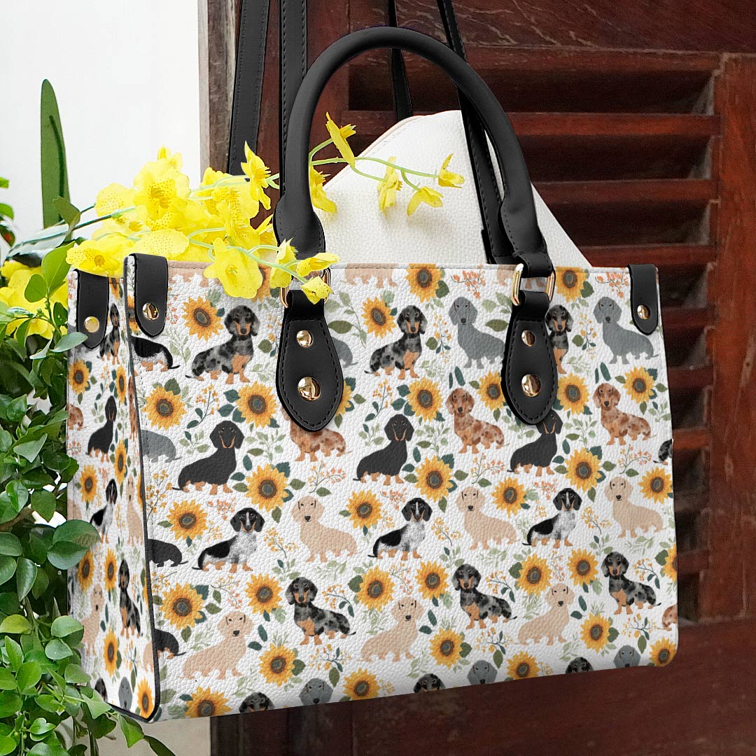 Glänzende Ledertasche Dackel &amp; Sonnenblumen