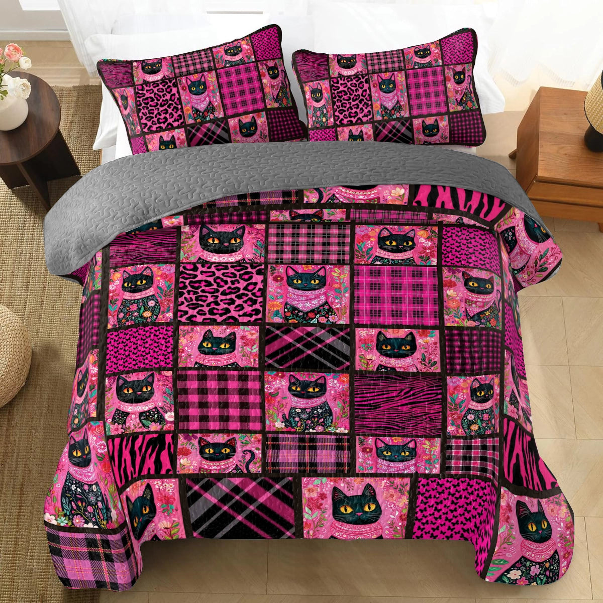 Shineful All Season Quilt 3-Piece Set - Purrfectly Pink Cat