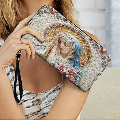 Shineful Leather Clutch Purse With Wristlet Strap Handle Divine Elegance Virgin Mary