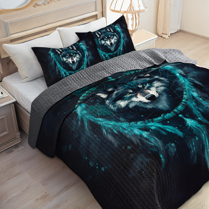 Shineful All Season Quilt 3-Piece Set - Navy Night Wolf Dreamcatcher