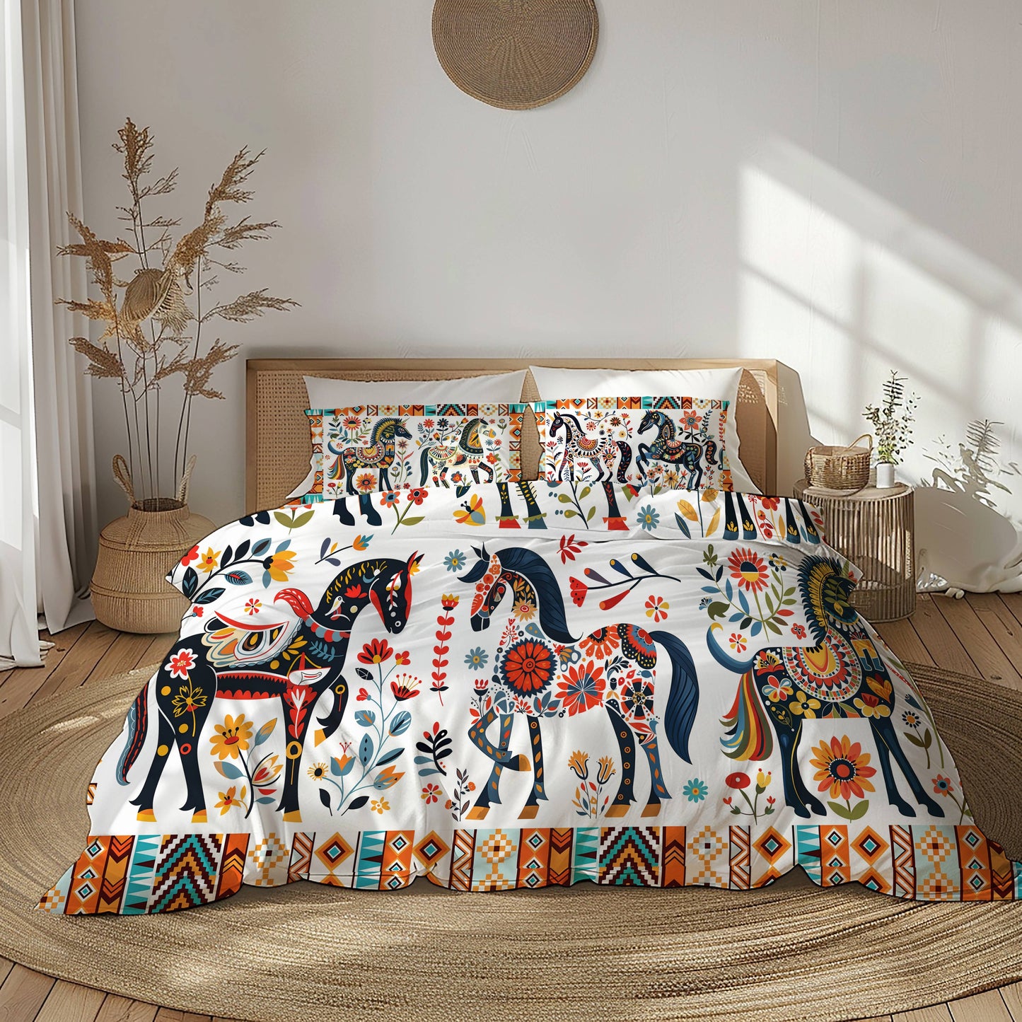 Shineful 3 Pieces Duvet Cover Set Horse Floral Pattern