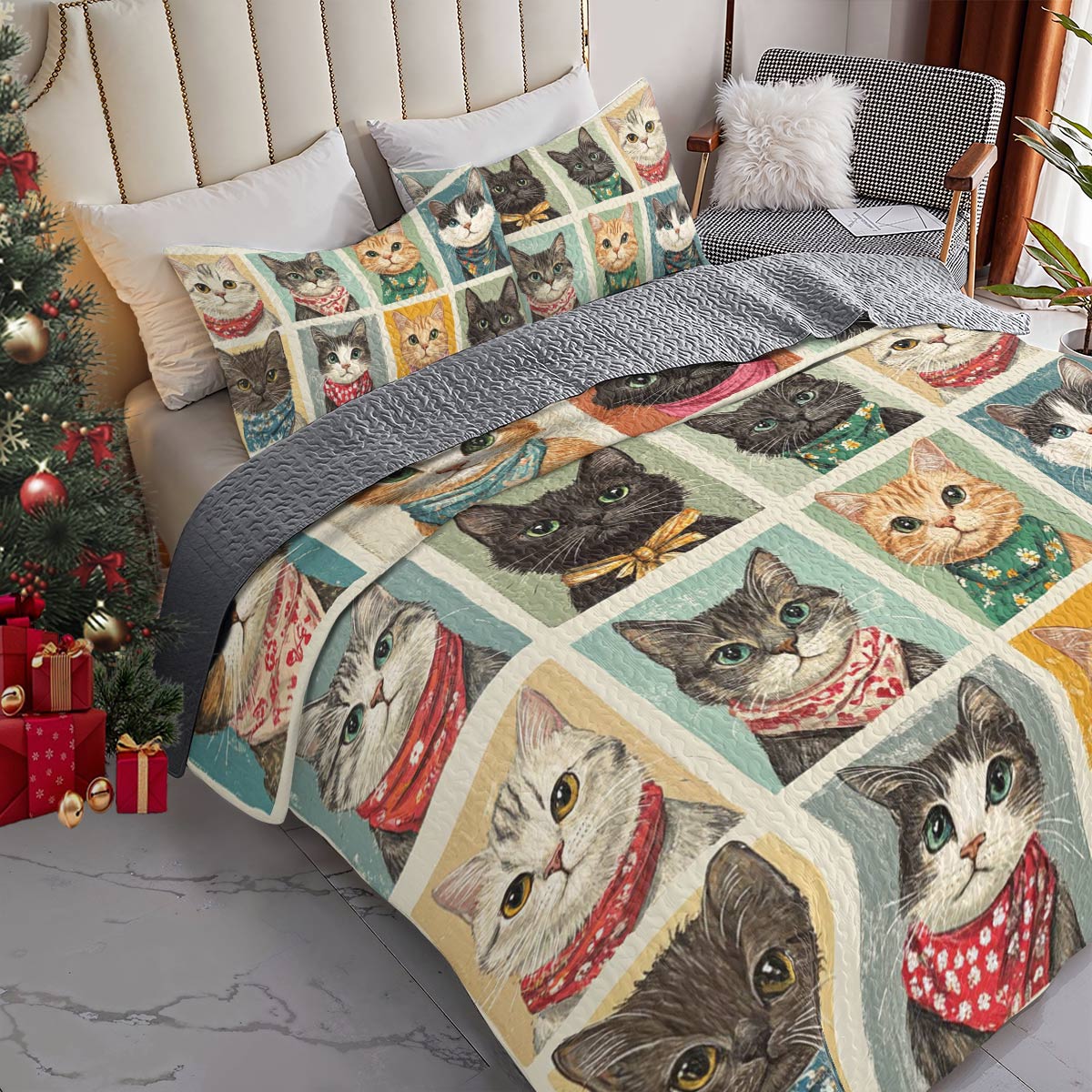 Shineful All Season Quilt 3-Piece Set Feline Faces