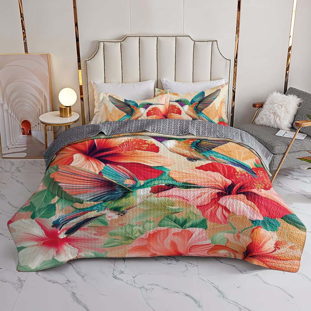 Shineful All Season Quilt 3-Piece Set Hummingbird and Hibiscus