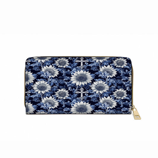 Shineful Leather Clutch Purse With Wristlet Strap Handle Midnight Blue Sunflower Cross