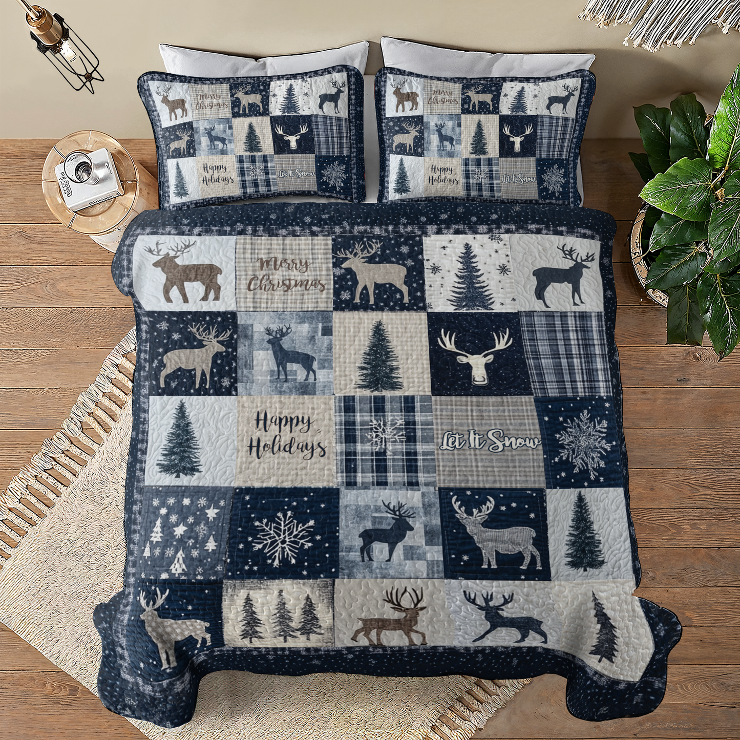 Shineful All Season Quilt 3-Piece Set - Navy Reindeer Wonderland