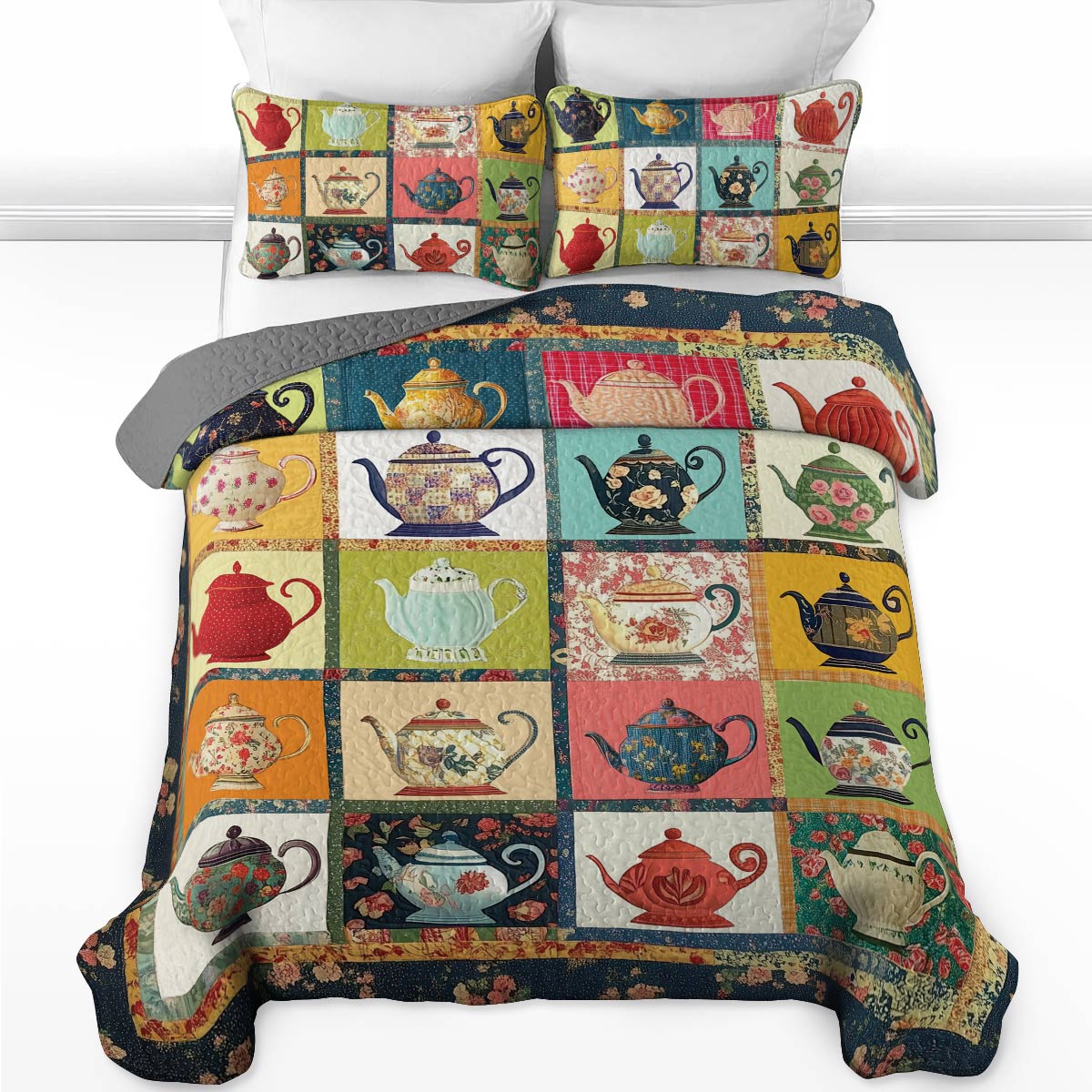 Shineful All Season Quilt 3-Piece Set - Vintage Teapot