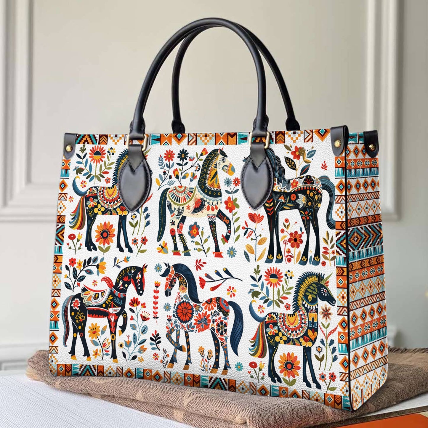 Shineful Leather Bag Horse Floral Pattern