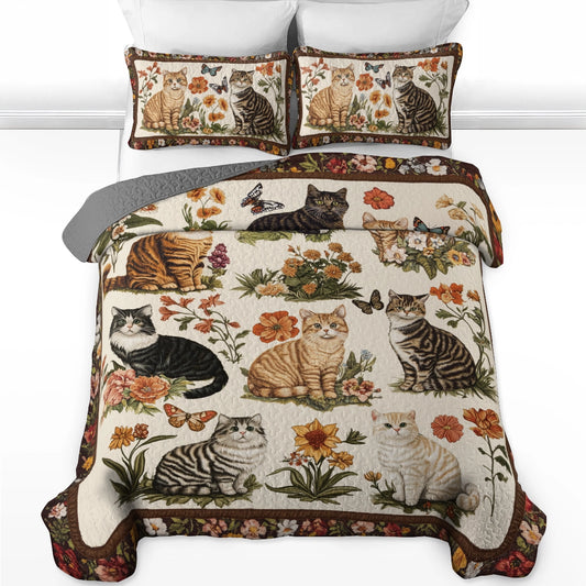 Shineful All Season Quilt 3-Piece Set Cat Floral Heaven