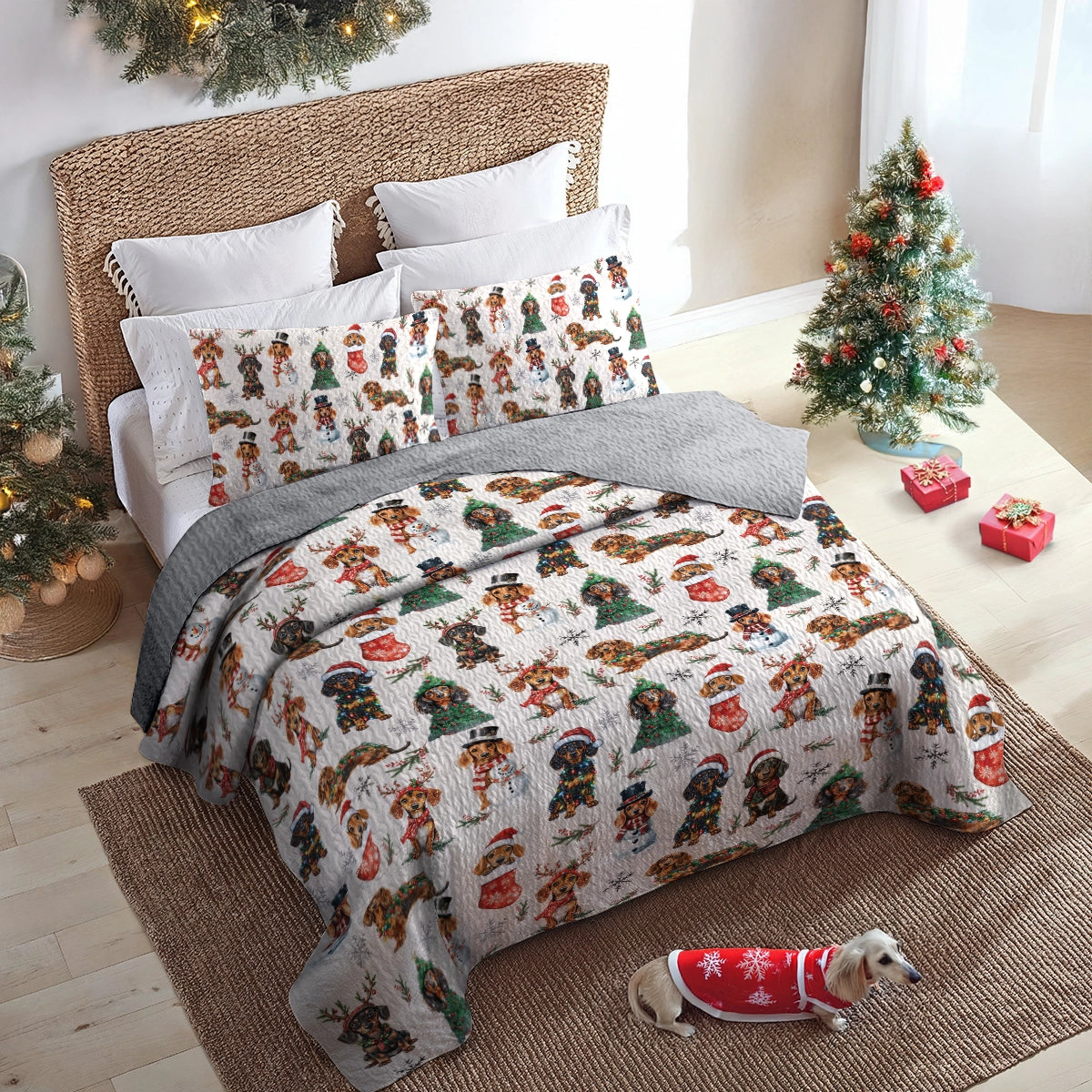 Shineful All Season Quilt 3-Piece Set - Dachshund Holiday Cheer