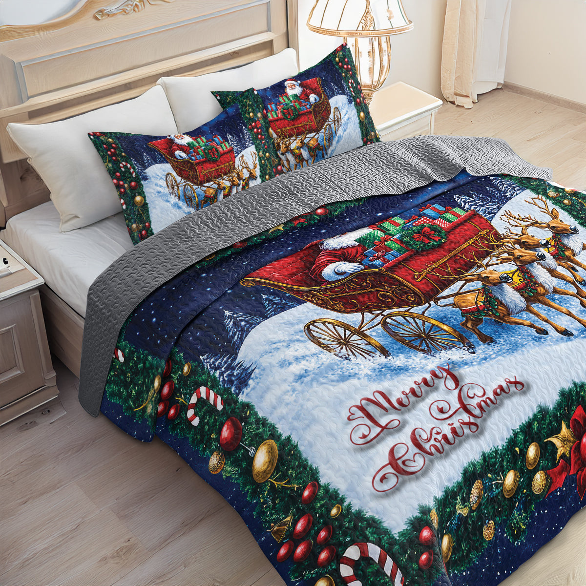 Shineful All Season Quilt 3-Piece Set - Santa's Sleigh Ride Christmas Quilt