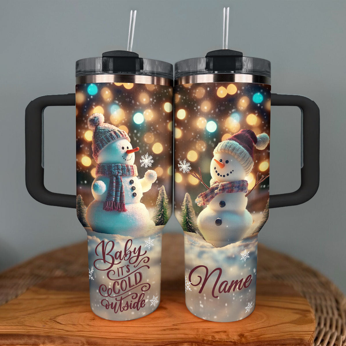 Verre brillant et brillant avec bonhomme de neige joyeux personnalisé