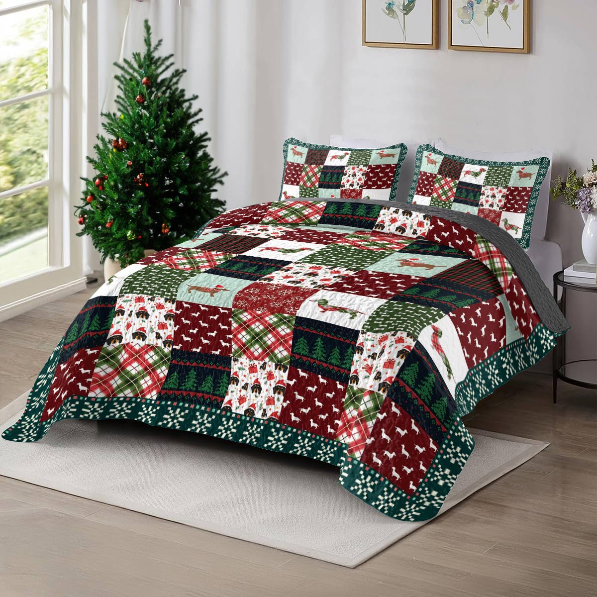 Shineful All Season Quilt 3-Piece Set Dachshund Christmas