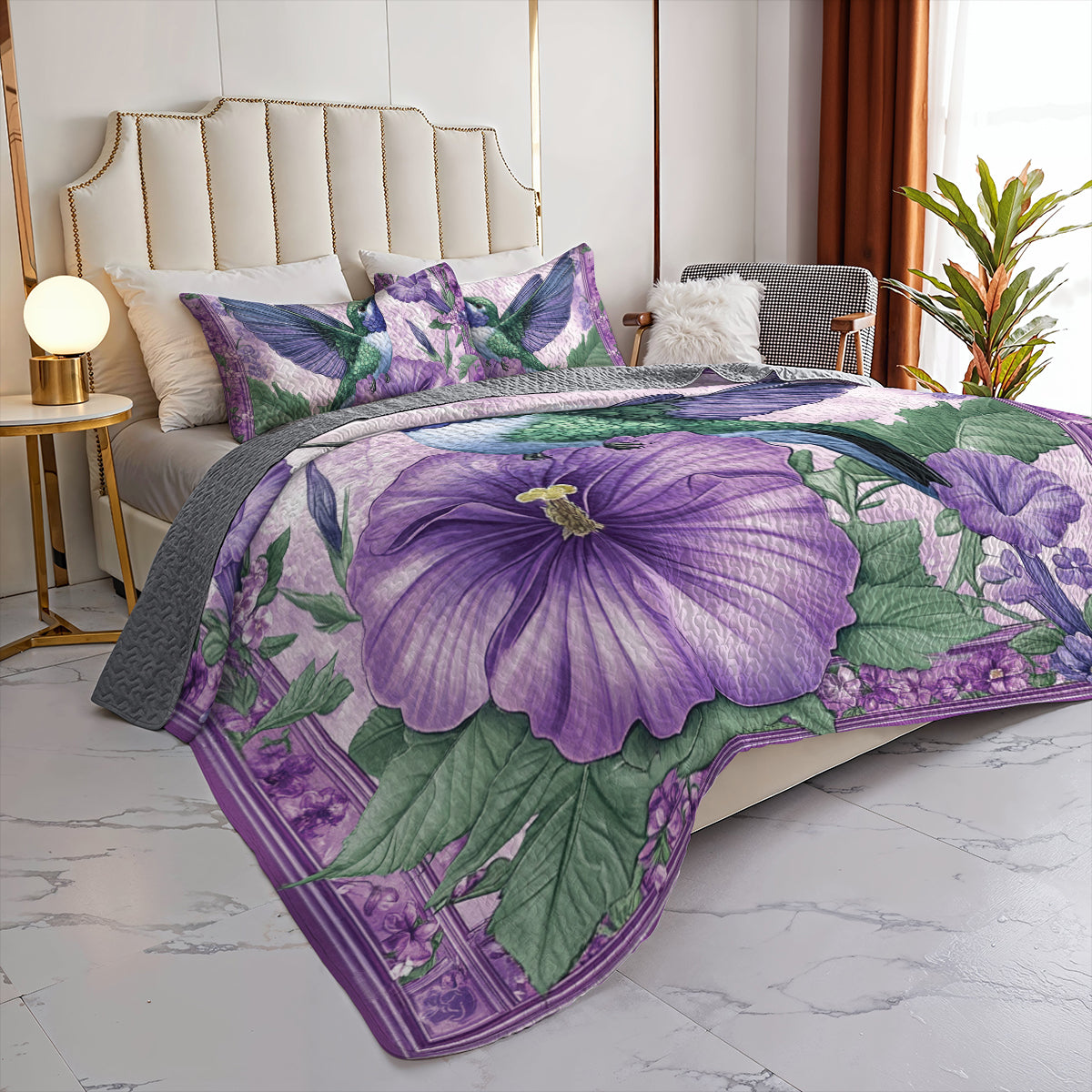 Shineful All Season Quilt 3-Piece Set Purple Hummingbird Harmony