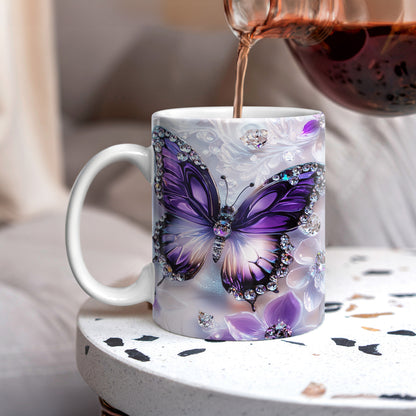 Tasse en céramique brillante et élégante avec papillon violet en cristal