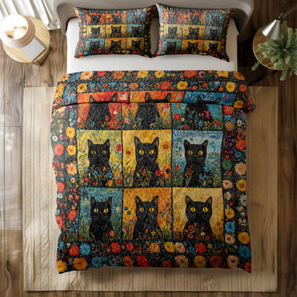 Shineful All Season Quilt 3-Piece Set - Midnight Garden Cat