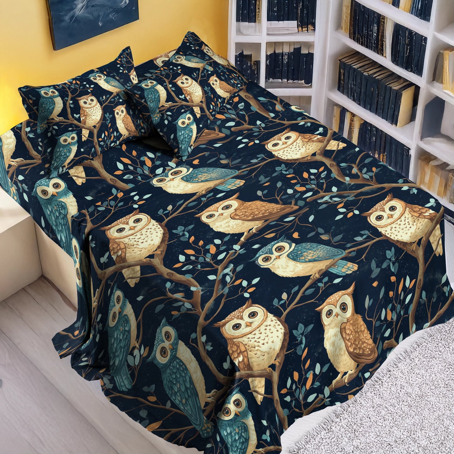 Shineful 4-Piece Bed Sheet Set Whimsical Owl Haven