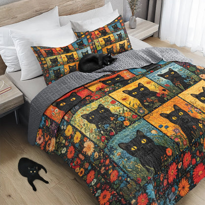 Shineful All Season Quilt 3-Piece Set - Midnight Garden Cat